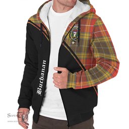 Scottish Buchanan Old Set Weathered Tartan Sherpa Hoodie with Family Crest Curve Style Tartan Fleece Hoodie Scottish Plaid Tartan Plaid - ScotsTee - scotstee.com