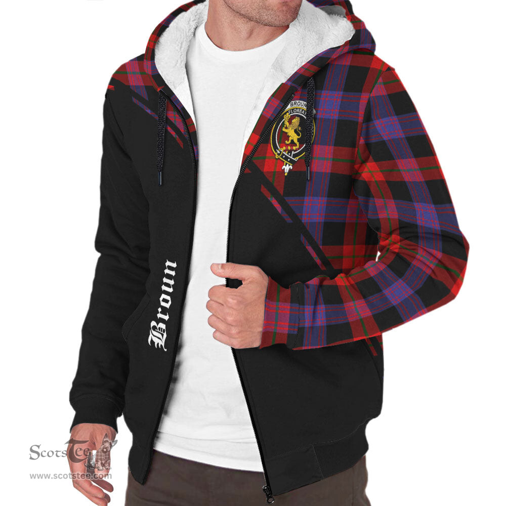 Scottish Broun Modern Tartan Sherpa Hoodie with Family Crest Curve Style Tartan Fleece Hoodie Scottish Plaid Tartan Plaid - ScotsTee - scotstee.com