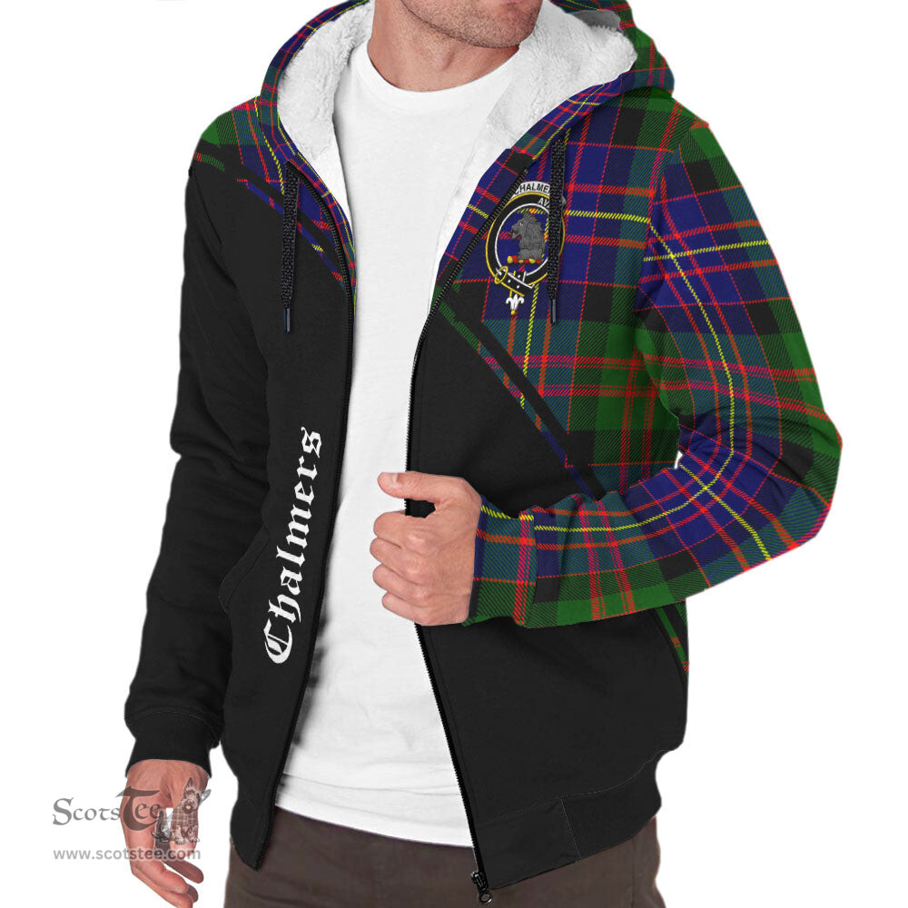 Scottish Chalmers Modern Tartan Sherpa Hoodie with Family Crest Curve Style Tartan Fleece Hoodie Scottish Plaid Tartan Plaid - ScotsTee - scotstee.com