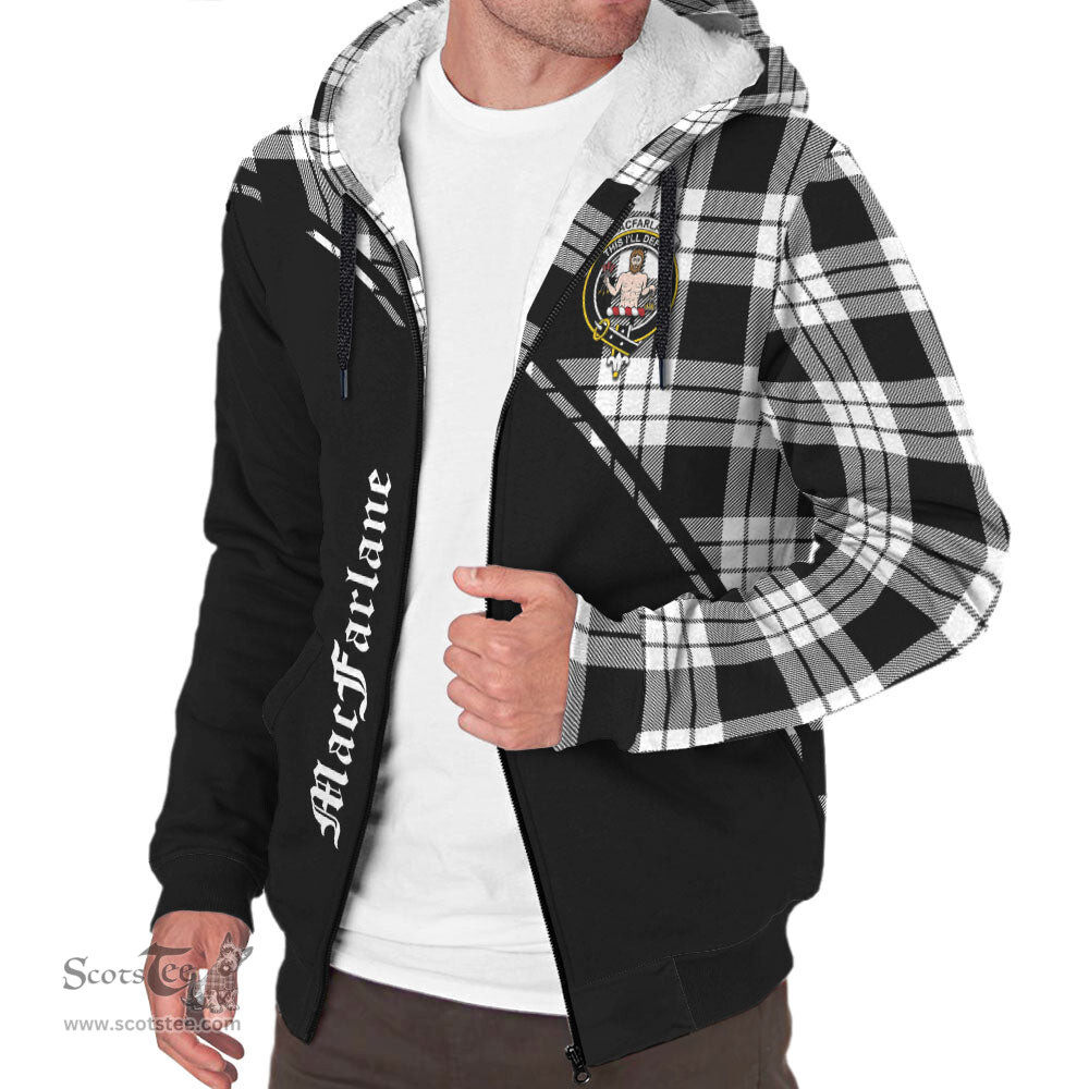 Scottish MacFarlane Black White Tartan Sherpa Hoodie with Family Crest Curve Style Tartan Fleece Hoodie Scottish Plaid Tartan Plaid - ScotsTee - scotstee.com