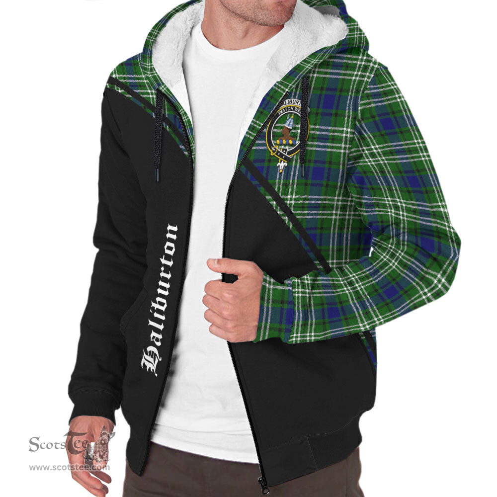 Scottish Haliburton Tartan Sherpa Hoodie with Family Crest Curve Style Tartan Fleece Hoodie Scottish Plaid Tartan Plaid - ScotsTee - scotstee.com