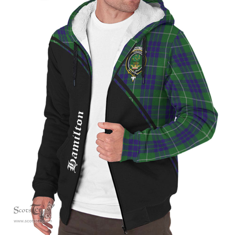 Scottish Hamilton Green Hunting Tartan Sherpa Hoodie with Family Crest Curve Style Tartan Fleece Hoodie Scottish Plaid Tartan Plaid - ScotsTee - scotstee.com