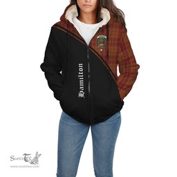 Scottish Hamilton Red Tartan Sherpa Hoodie with Family Crest Curve Style Tartan Fleece Hoodie Scottish Plaid Tartan Plaid - ScotsTee - scotstee.com