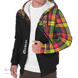 Scottish Dewar Tartan Sherpa Hoodie with Family Crest Curve Style Tartan Fleece Hoodie Scottish Plaid Tartan Plaid - ScotsTee - scotstee.com