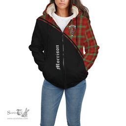 Scottish Morrison Red Modern Tartan Sherpa Hoodie with Family Crest Curve Style Tartan Fleece Hoodie Scottish Plaid Tartan Plaid - ScotsTee - scotstee.com