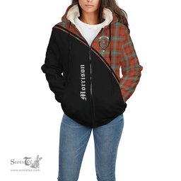 Scottish Morrison Red Ancient Tartan Sherpa Hoodie with Family Crest Curve Style Tartan Fleece Hoodie Scottish Plaid Tartan Plaid - ScotsTee - scotstee.com