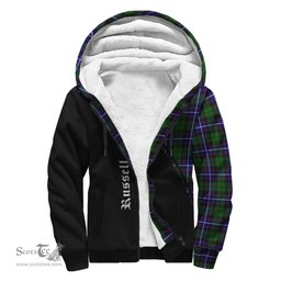 Scottish Russell Modern Tartan Sherpa Hoodie with Family Crest Curve Style Tartan Fleece Hoodie Scottish Plaid Tartan Plaid - ScotsTee - scotstee.com