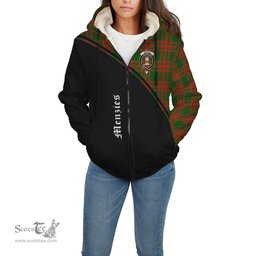 Scottish Menzies Green Modern Tartan Sherpa Hoodie with Family Crest Curve Style Tartan Fleece Hoodie Scottish Plaid Tartan Plaid - ScotsTee - scotstee.com