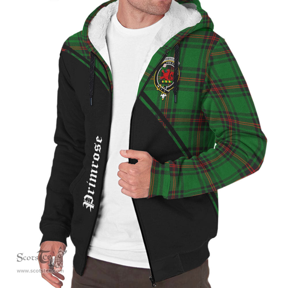 Scottish Primrose Tartan Sherpa Hoodie with Family Crest Curve Style Tartan Fleece Hoodie Scottish Plaid Tartan Plaid - ScotsTee - scotstee.com