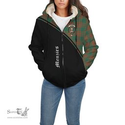 Scottish Menzies Green Ancient Tartan Sherpa Hoodie with Family Crest Curve Style Tartan Fleece Hoodie Scottish Plaid Tartan Plaid - ScotsTee - scotstee.com