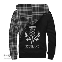 Scottish Stewart Black and White Tartan Sherpa Hoodie with Family Crest Curve Style Tartan Fleece Hoodie Scottish Plaid Tartan Plaid - ScotsTee - scotstee.com