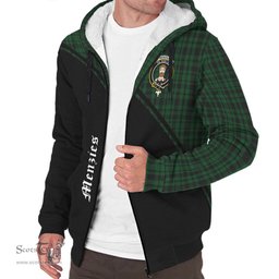 Scottish Menzies Green Tartan Sherpa Hoodie with Family Crest Curve Style Tartan Fleece Hoodie Scottish Plaid Tartan Plaid - ScotsTee - scotstee.com