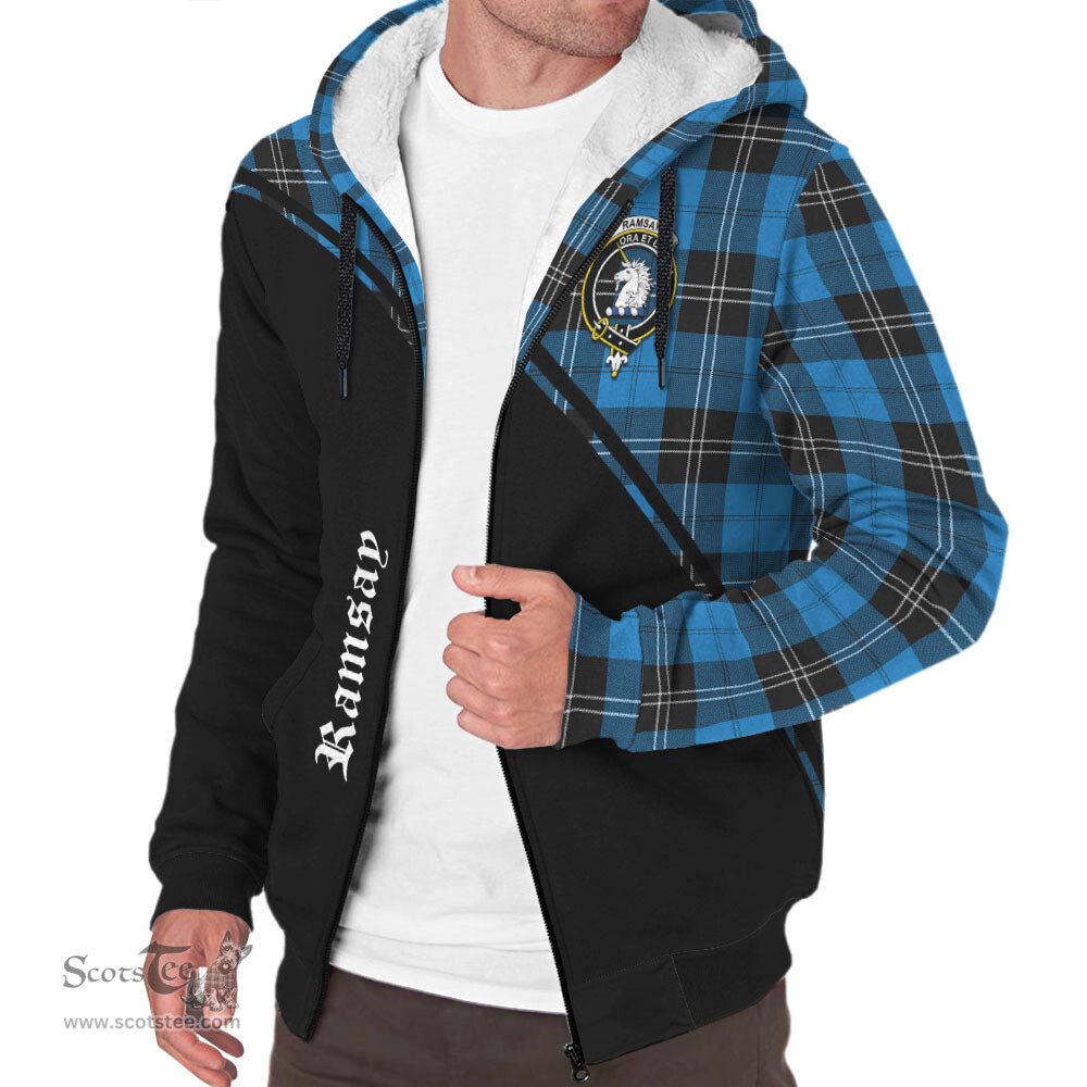 Scottish Ramsay Blue Ancient Tartan Sherpa Hoodie with Family Crest Curve Style Tartan Fleece Hoodie Scottish Plaid Tartan Plaid - ScotsTee - scotstee.com