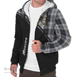Scottish Menzies Black Dress Tartan Sherpa Hoodie with Family Crest Curve Style Tartan Fleece Hoodie Scottish Plaid Tartan Plaid - ScotsTee - scotstee.com