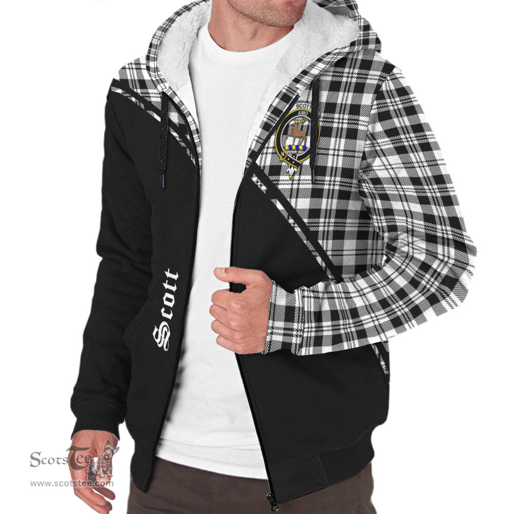 Scottish Scott Black White Tartan Sherpa Hoodie with Family Crest Curve Style Tartan Fleece Hoodie Scottish Plaid Tartan Plaid - ScotsTee - scotstee.com