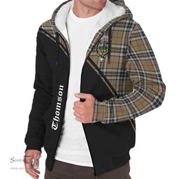 Scottish Thomson Camel Tartan Sherpa Hoodie with Family Crest Curve Style Tartan Fleece Hoodie Scottish Plaid Tartan Plaid - ScotsTee - scotstee.com