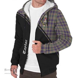 Scottish Taylor Weathered Tartan Sherpa Hoodie with Family Crest Curve Style Tartan Fleece Hoodie Scottish Plaid Tartan Plaid - ScotsTee - scotstee.com