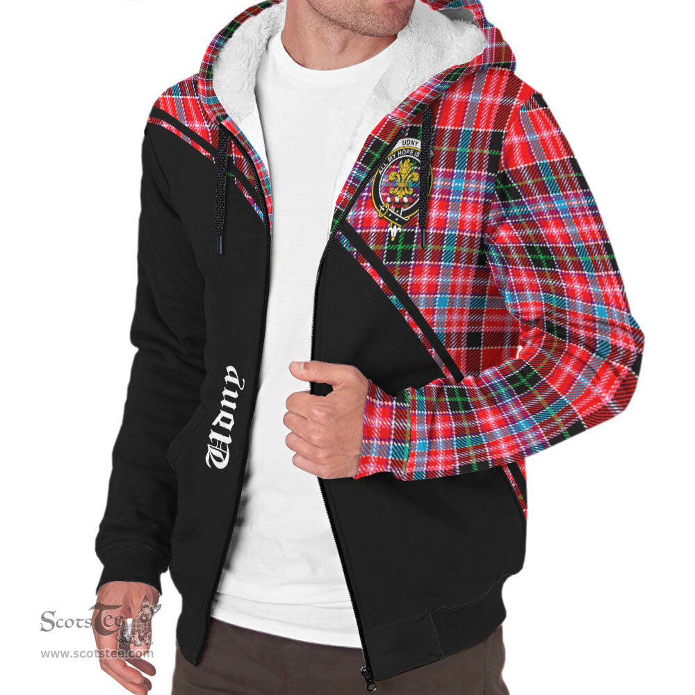 Scottish Udny Tartan Sherpa Hoodie with Family Crest Curve Style Tartan Fleece Hoodie Scottish Plaid Tartan Plaid - ScotsTee - scotstee.com