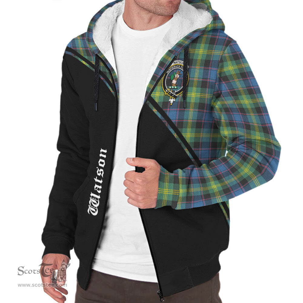 Scottish Watson Ancient Tartan Sherpa Hoodie with Family Crest Curve Style Tartan Fleece Hoodie Scottish Plaid Tartan Plaid - ScotsTee - scotstee.com