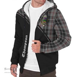 Scottish Thompson Grey Tartan Sherpa Hoodie with Family Crest Curve Style Tartan Fleece Hoodie Scottish Plaid Tartan Plaid - ScotsTee - scotstee.com