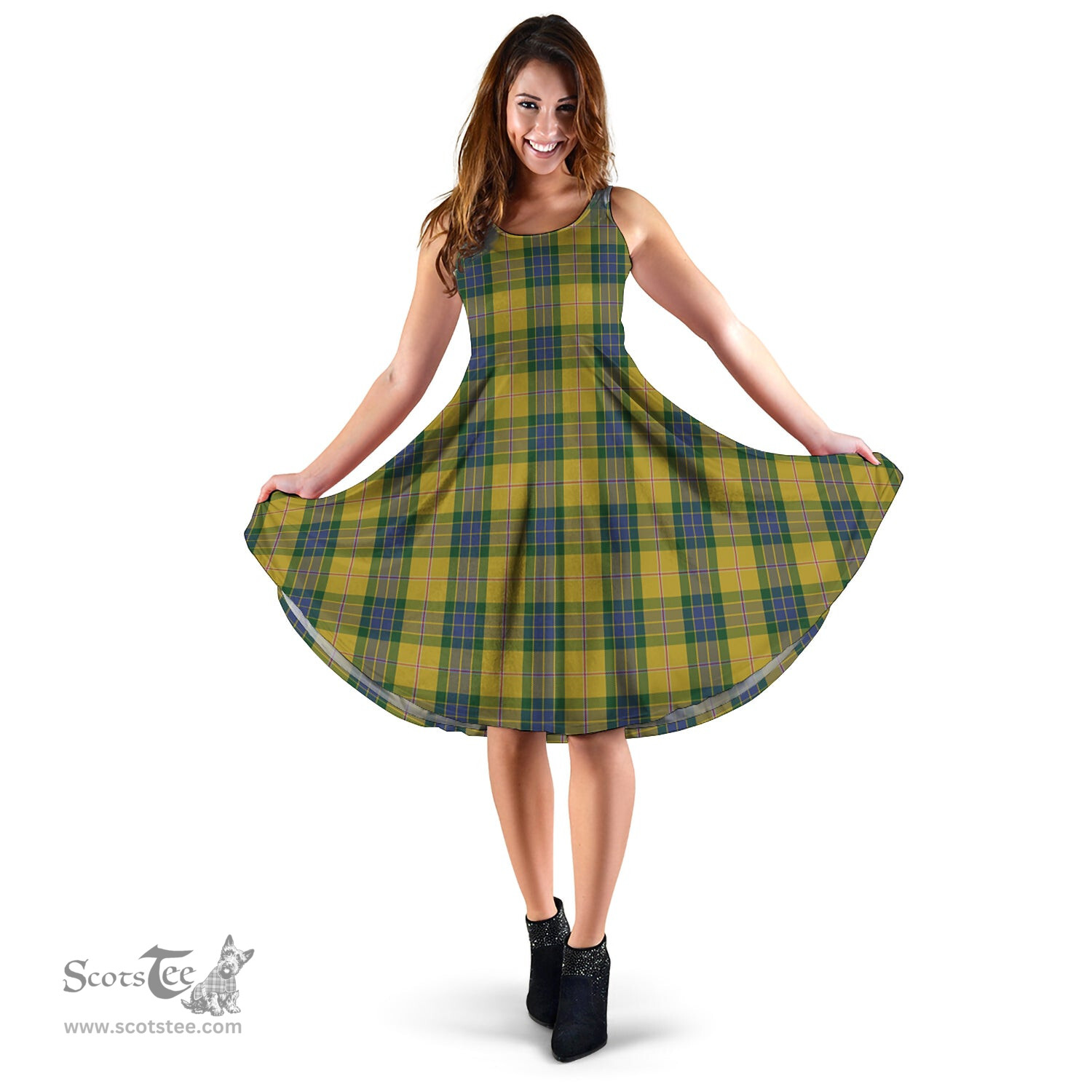 Scottish Fraser Yellow Tartan Sleeveless Midi Womens Dress - Tartan Midi Dress Scottish Plaid Tartan Plaid - ScotsTee - scotstee.com