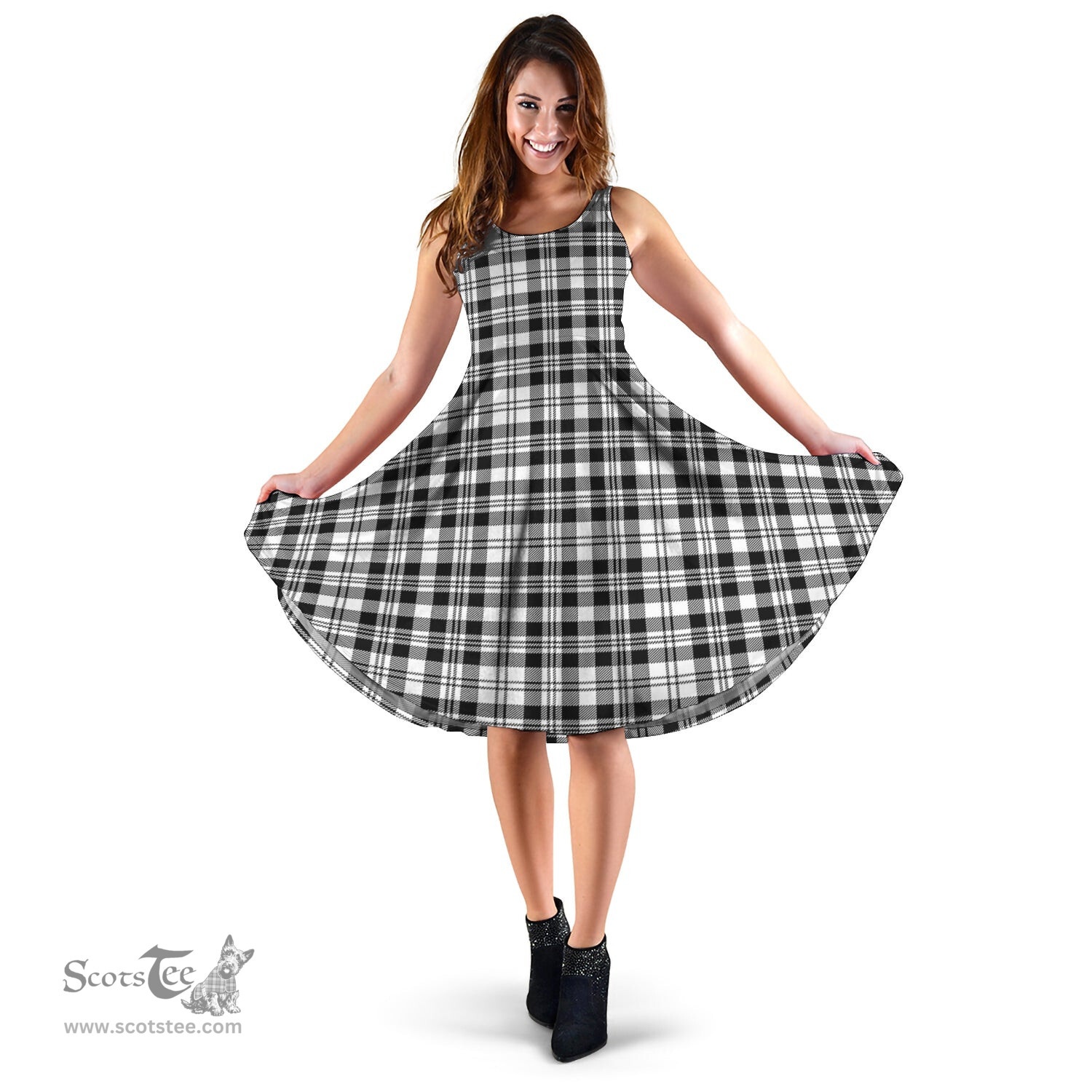 Scottish Scott Black White Tartan Sleeveless Midi Womens Dress - Tartan Midi Dress Scottish Plaid Tartan Plaid - ScotsTee - scotstee.com