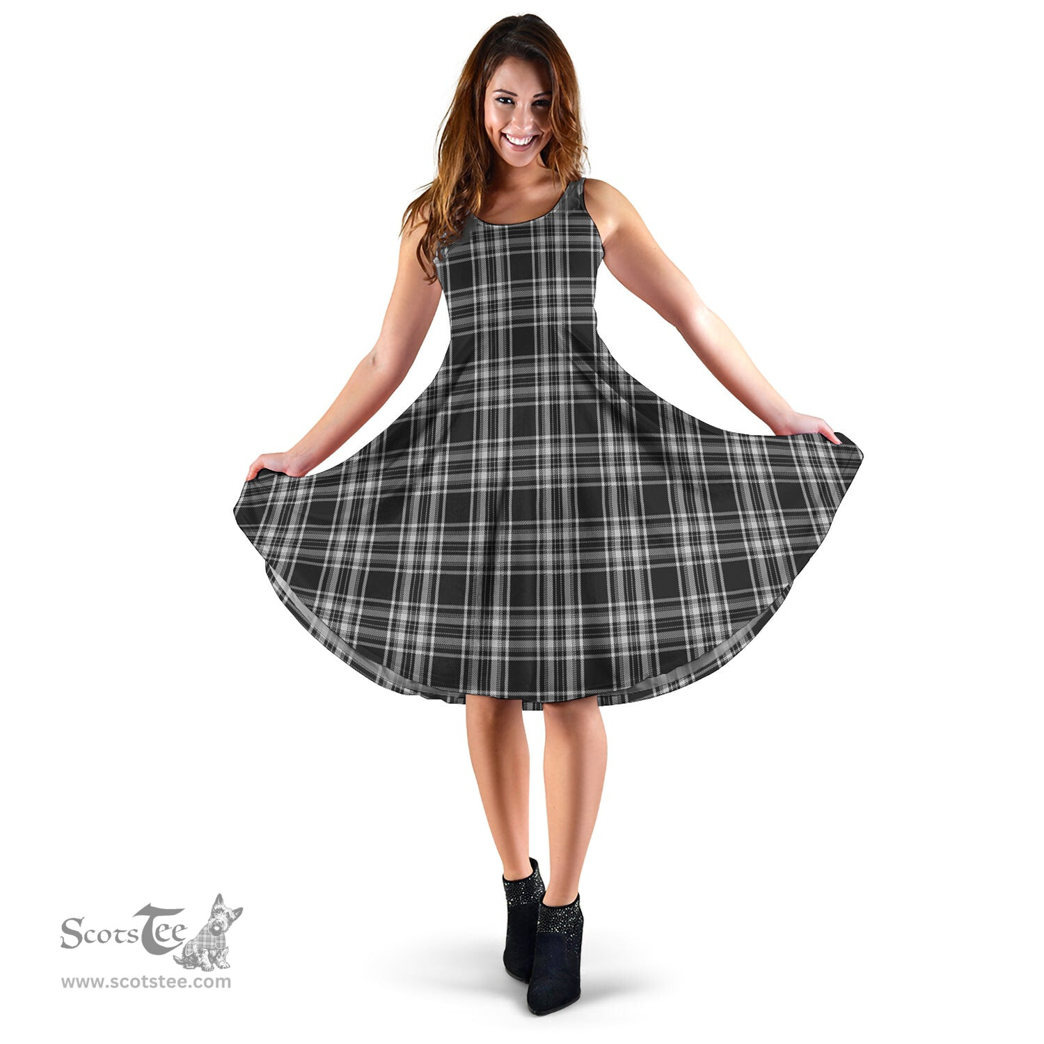 Scottish Stewart Black and White Tartan Sleeveless Midi Womens Dress - Tartan Midi Dress Scottish Plaid Tartan Plaid - ScotsTee - scotstee.com