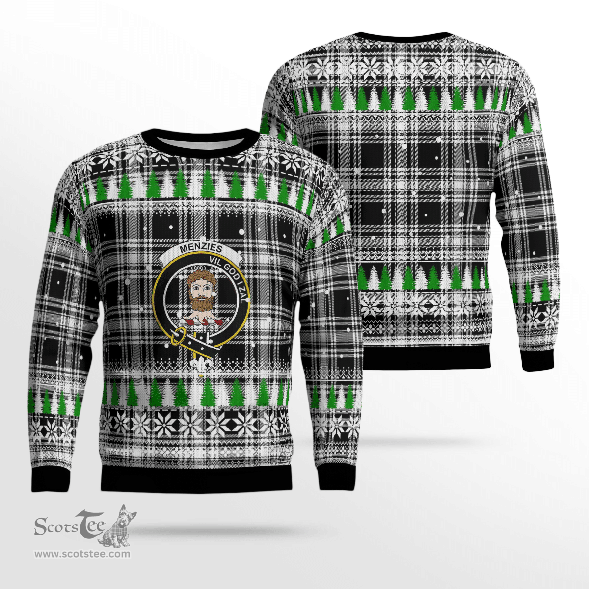Scottish Menzies Black & White Modern Clan Crest Tartan Christmas Ugly Sweater - Plaid Family Ugly Sweater Scottish Plaid Tartan Plaid - ScotsTee - scotstee.com