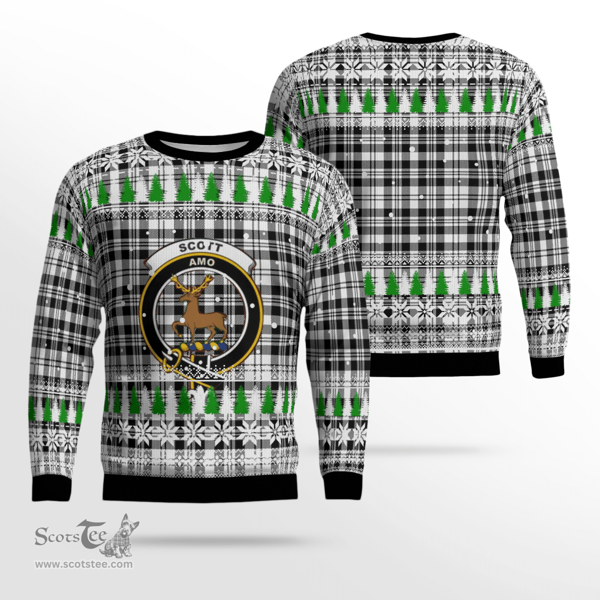 Scottish Scott Black & White Modern Clan Crest Tartan Christmas Ugly Sweater - Plaid Family Ugly Sweater Scottish Plaid Tartan Plaid - ScotsTee - scotstee.com