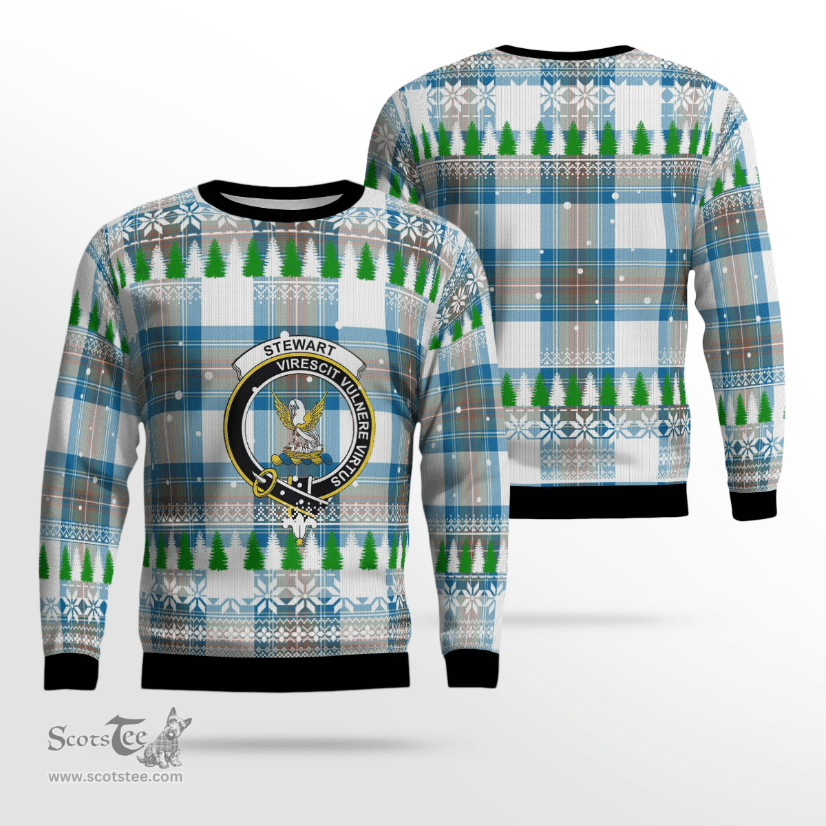 Scottish Stewart Muted Blue Clan Crest Tartan Christmas Ugly Sweater - Plaid Family Ugly Sweater Scottish Plaid Tartan Plaid - ScotsTee - scotstee.com