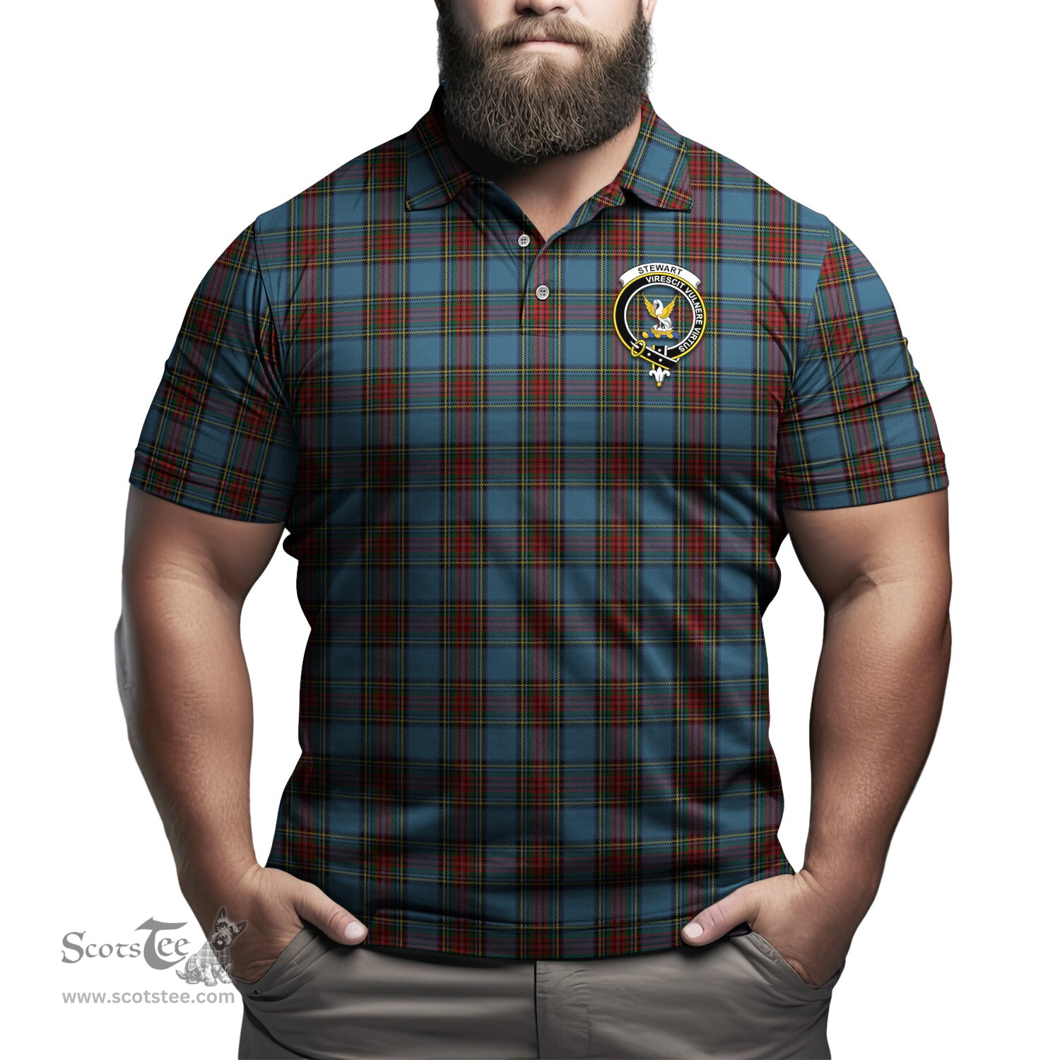 Scottish Stewart Royal Blue Tartan Mens Polo Shirt with Family Crest Scottish Polo Shirt Scottish Plaid Tartan Plaid - ScotsTee - scotstee.com