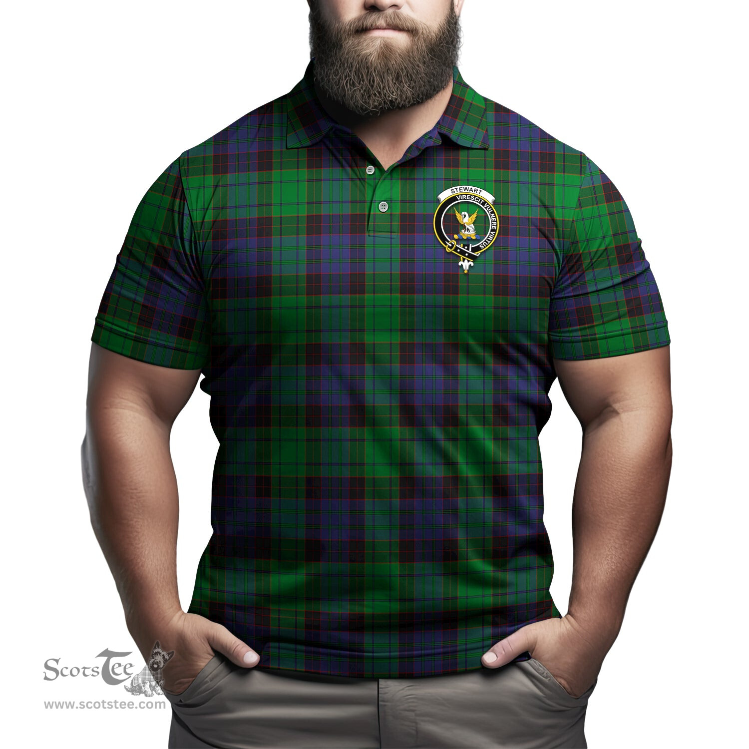 Scottish Stewart Old Modern Tartan Mens Polo Shirt with Family Crest Scottish Polo Shirt Scottish Plaid Tartan Plaid - ScotsTee - scotstee.com