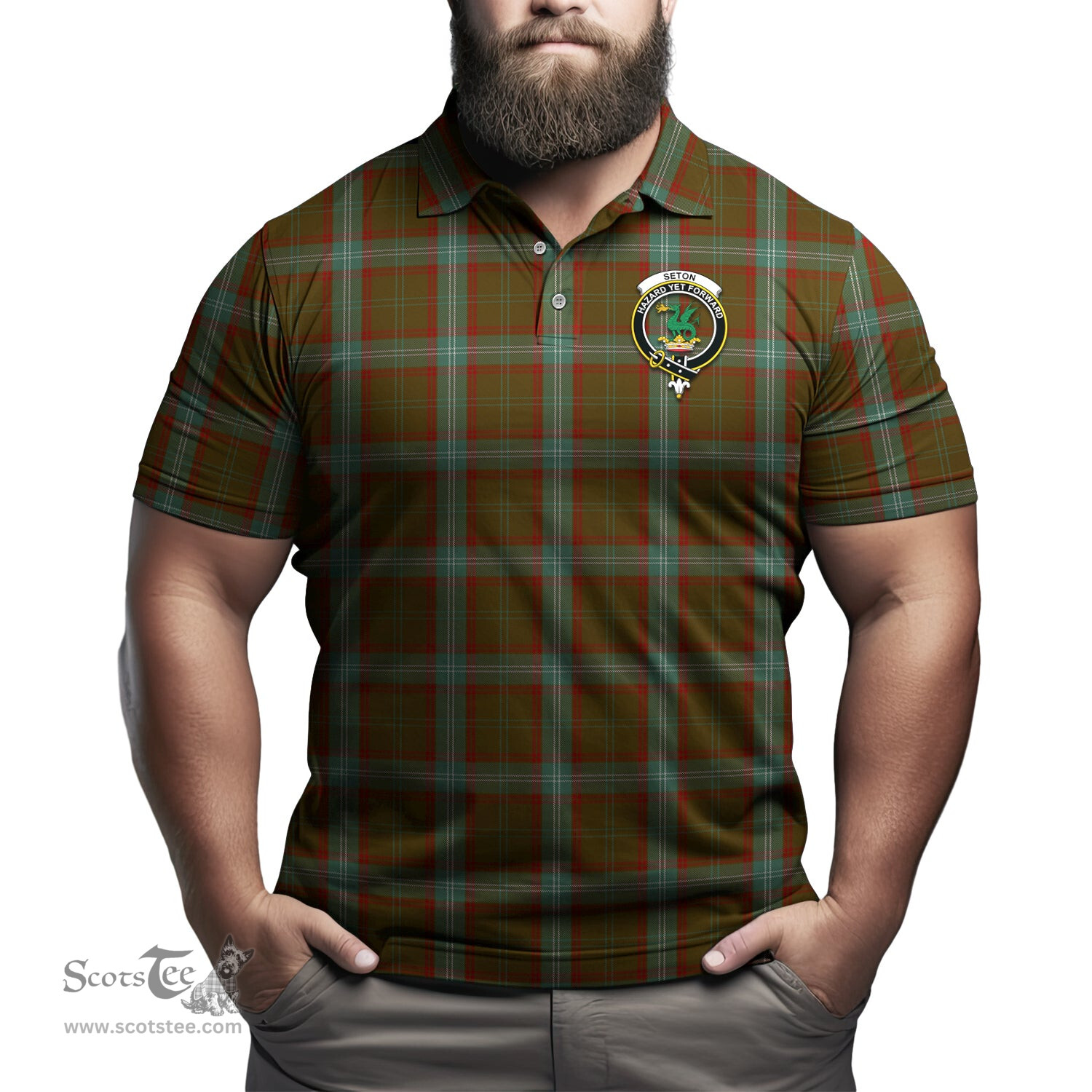 Scottish Seton Hunting Tartan Mens Polo Shirt with Family Crest Scottish Polo Shirt Scottish Plaid Tartan Plaid - ScotsTee - scotstee.com