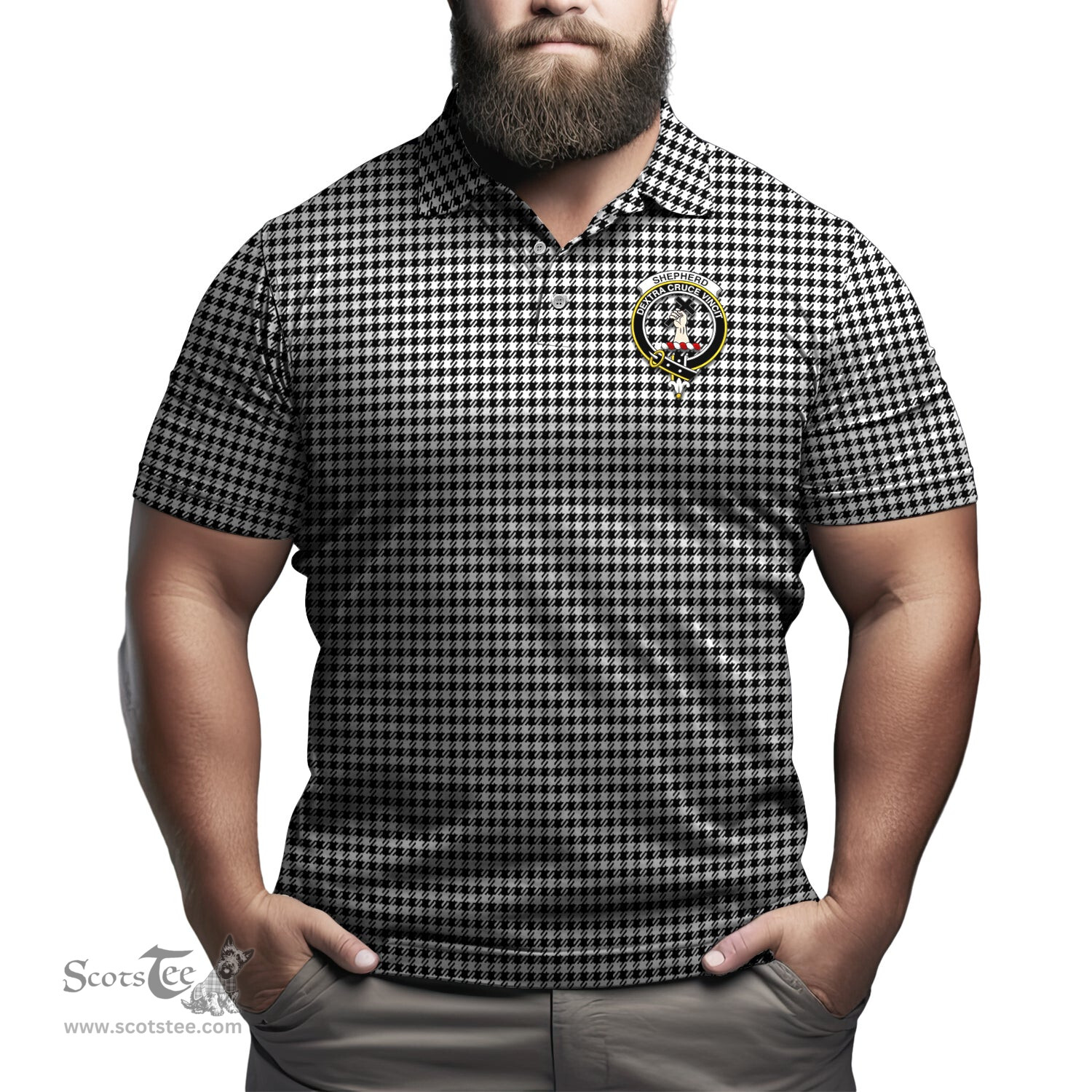 Scottish Shepherd Tartan Mens Polo Shirt with Family Crest Scottish Polo Shirt Scottish Plaid Tartan Plaid - ScotsTee - scotstee.com