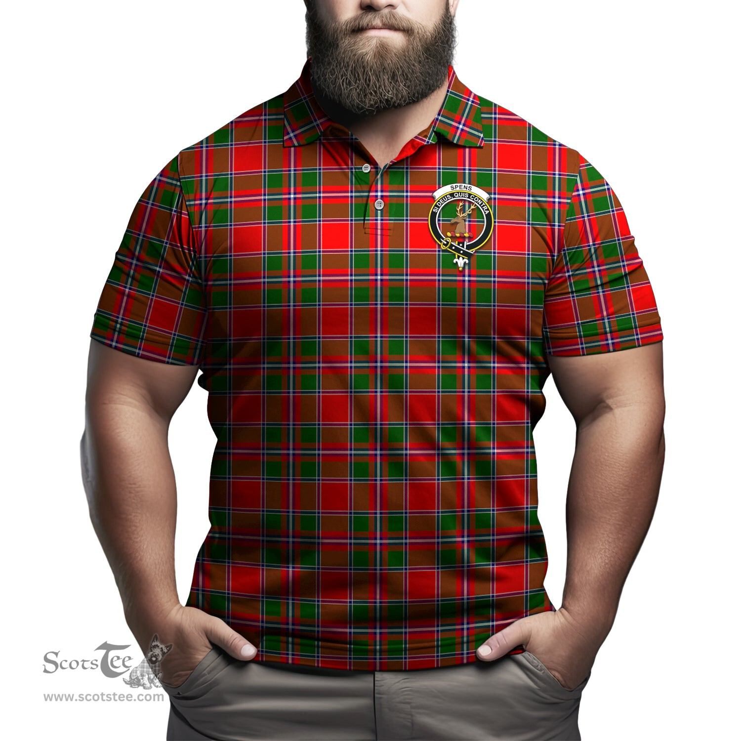 Scottish Spens Modern Tartan Mens Polo Shirt with Family Crest Scottish Polo Shirt Scottish Plaid Tartan Plaid - ScotsTee - scotstee.com