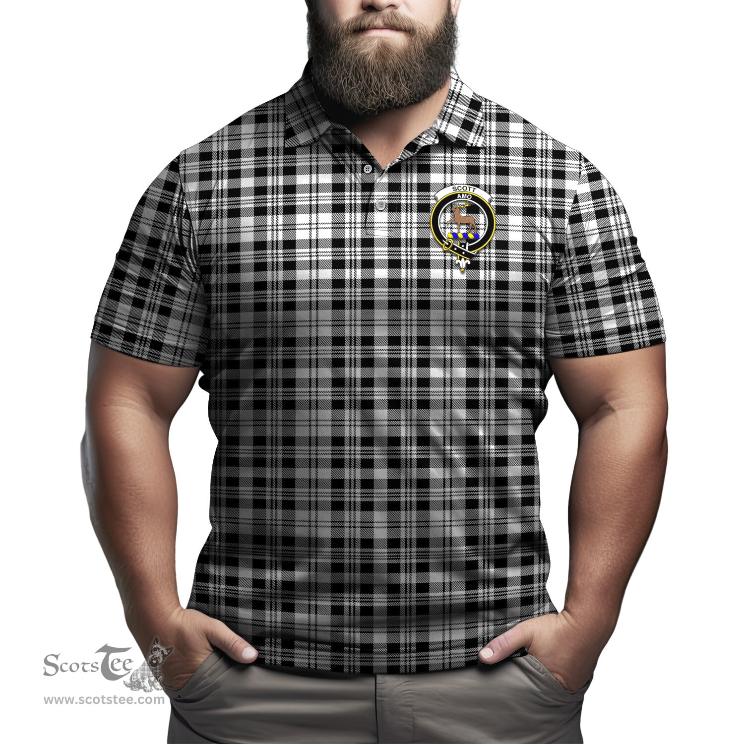 Scottish Scott Black White Tartan Mens Polo Shirt with Family Crest Scottish Polo Shirt Scottish Plaid Tartan Plaid - ScotsTee - scotstee.com