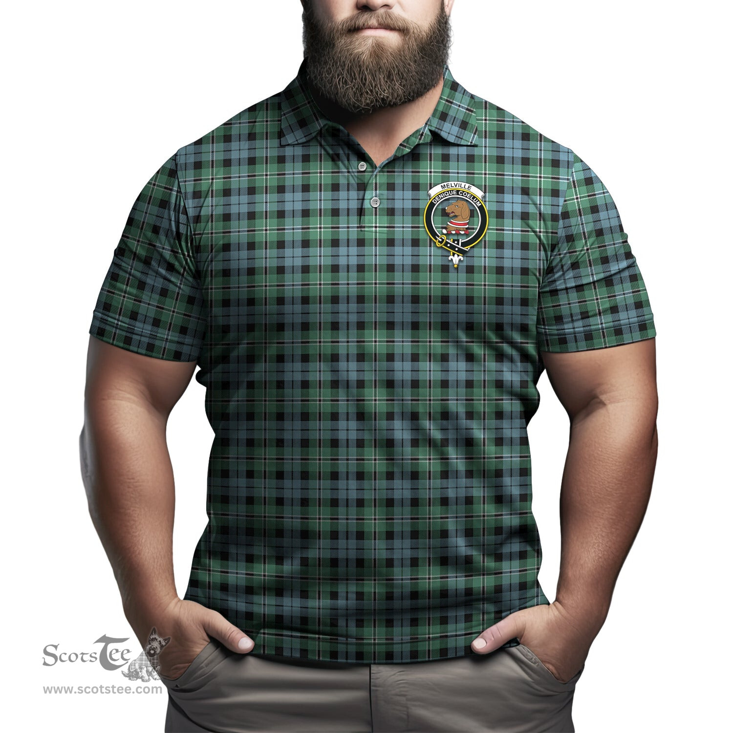 Scottish Melville Ancient Tartan Mens Polo Shirt with Family Crest Scottish Polo Shirt Scottish Plaid Tartan Plaid - ScotsTee - scotstee.com