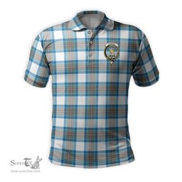 Scottish Stewart Muted Blue Tartan Mens Polo Shirt with Family Crest Scottish Polo Shirt Scottish Plaid Tartan Plaid - ScotsTee - scotstee.com
