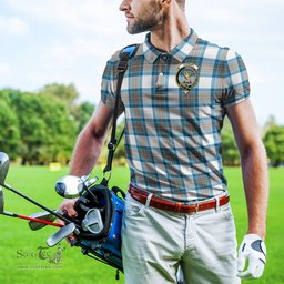 Scottish Stewart Muted Blue Tartan Mens Polo Shirt with Family Crest Scottish Polo Shirt Scottish Plaid Tartan Plaid - ScotsTee - scotstee.com