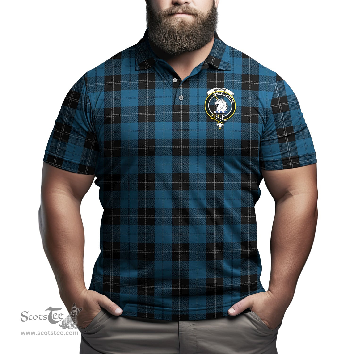 Scottish Ramsay Blue Hunting Tartan Mens Polo Shirt with Family Crest Scottish Polo Shirt Scottish Plaid Tartan Plaid - ScotsTee - scotstee.com