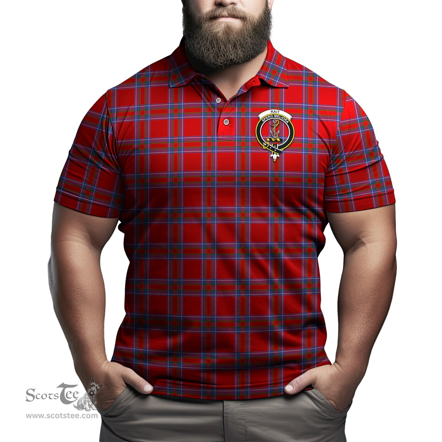 Scottish Rait Tartan Mens Polo Shirt with Family Crest Scottish Polo Shirt Scottish Plaid Tartan Plaid - ScotsTee - scotstee.com