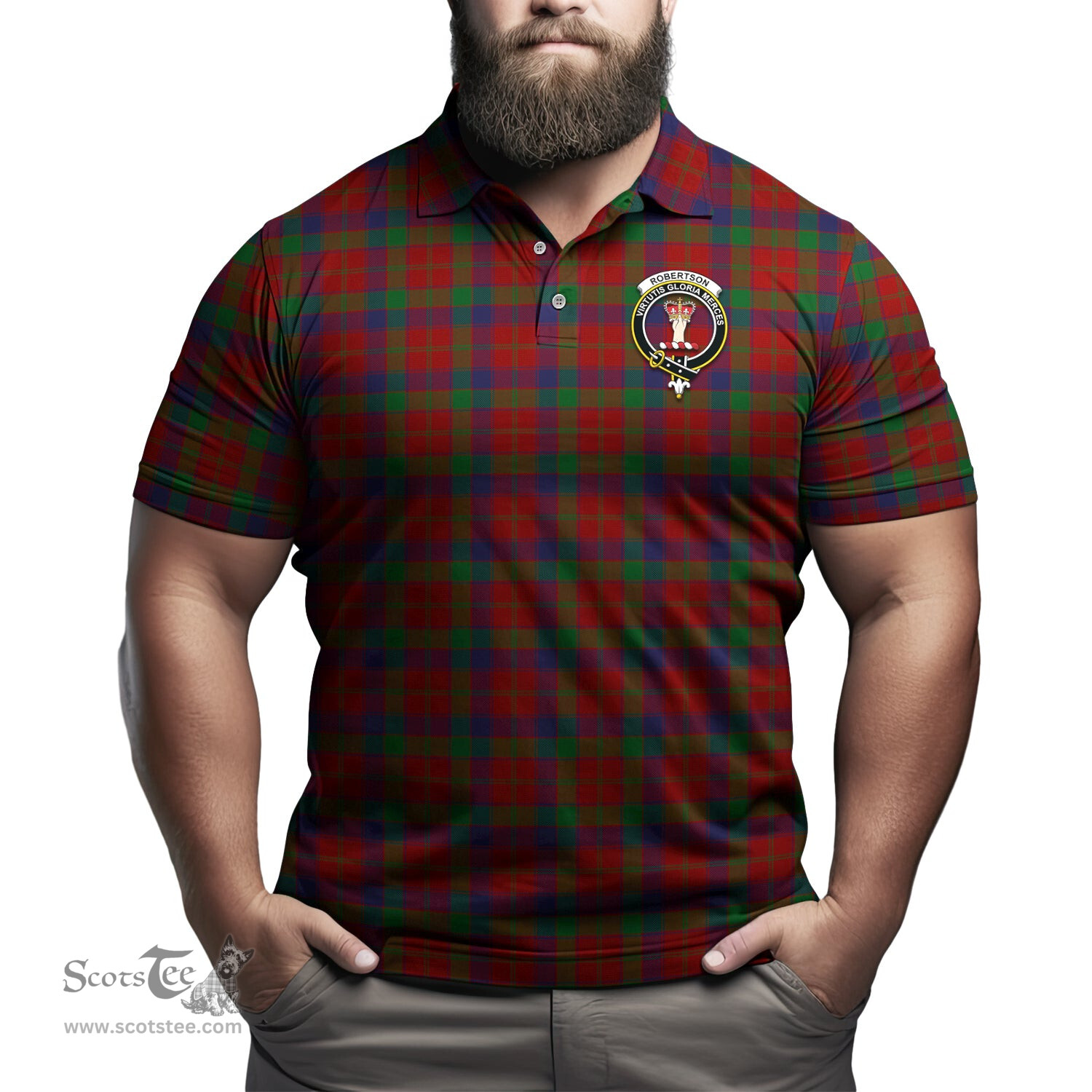 Scottish Robertson Tartan Mens Polo Shirt with Family Crest Scottish Polo Shirt Scottish Plaid Tartan Plaid - ScotsTee - scotstee.com
