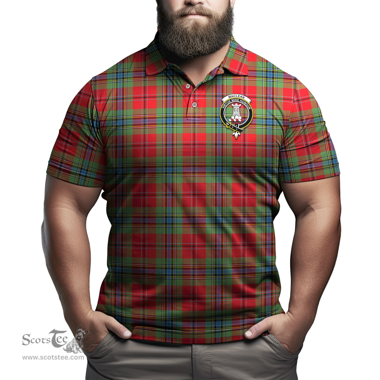 Scottish MacLean of Duart Modern Tartan Mens Polo Shirt with Family Crest Scottish Polo Shirt Scottish Plaid Tartan Plaid - ScotsTee - scotstee.com