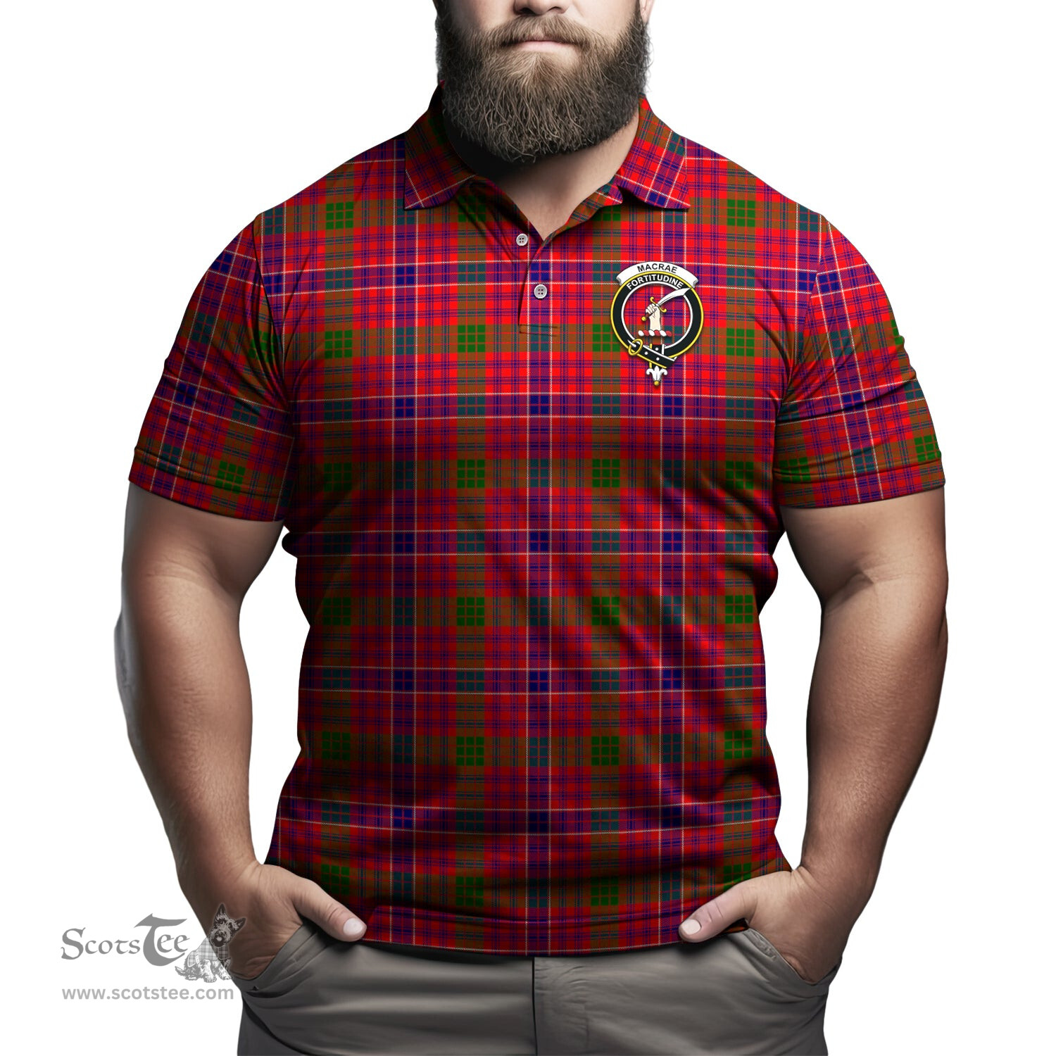 Scottish MacRae Modern Tartan Mens Polo Shirt with Family Crest Scottish Polo Shirt Scottish Plaid Tartan Plaid - ScotsTee - scotstee.com