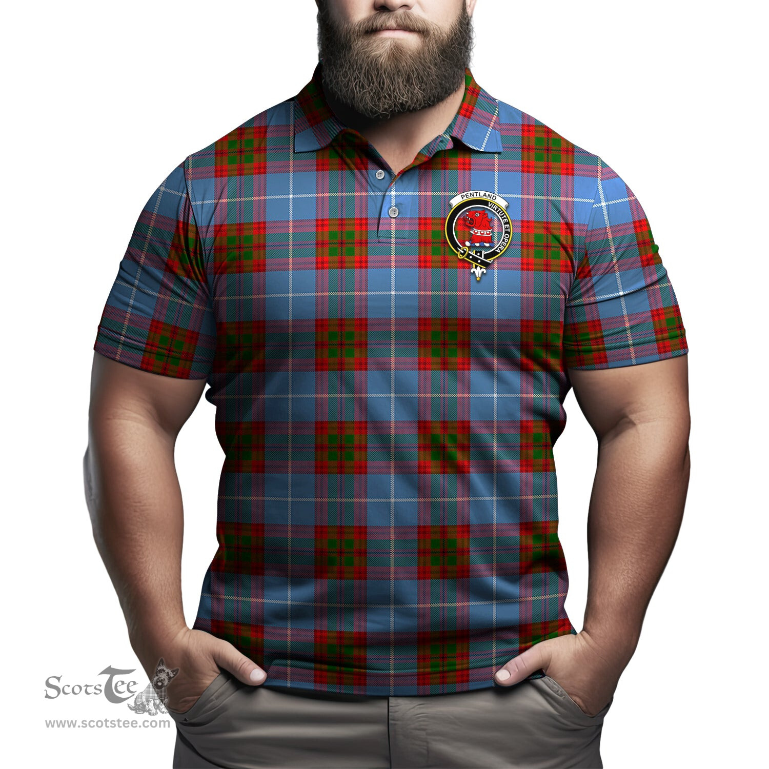 Scottish Pentland Tartan Mens Polo Shirt with Family Crest Scottish Polo Shirt Scottish Plaid Tartan Plaid - ScotsTee - scotstee.com