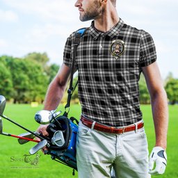 Scottish Menzies Black and White Tartan Mens Polo Shirt with Family Crest Scottish Polo Shirt Scottish Plaid Tartan Plaid - ScotsTee - scotstee.com