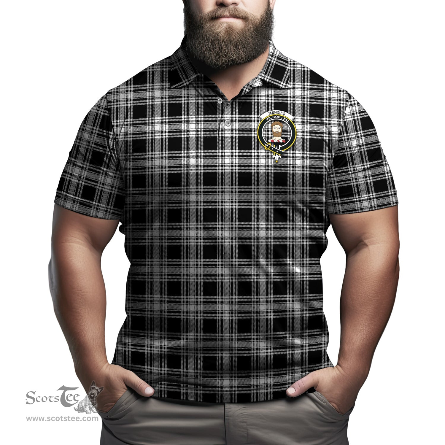 Scottish Menzies Black and White Tartan Mens Polo Shirt with Family Crest Scottish Polo Shirt Scottish Plaid Tartan Plaid - ScotsTee - scotstee.com
