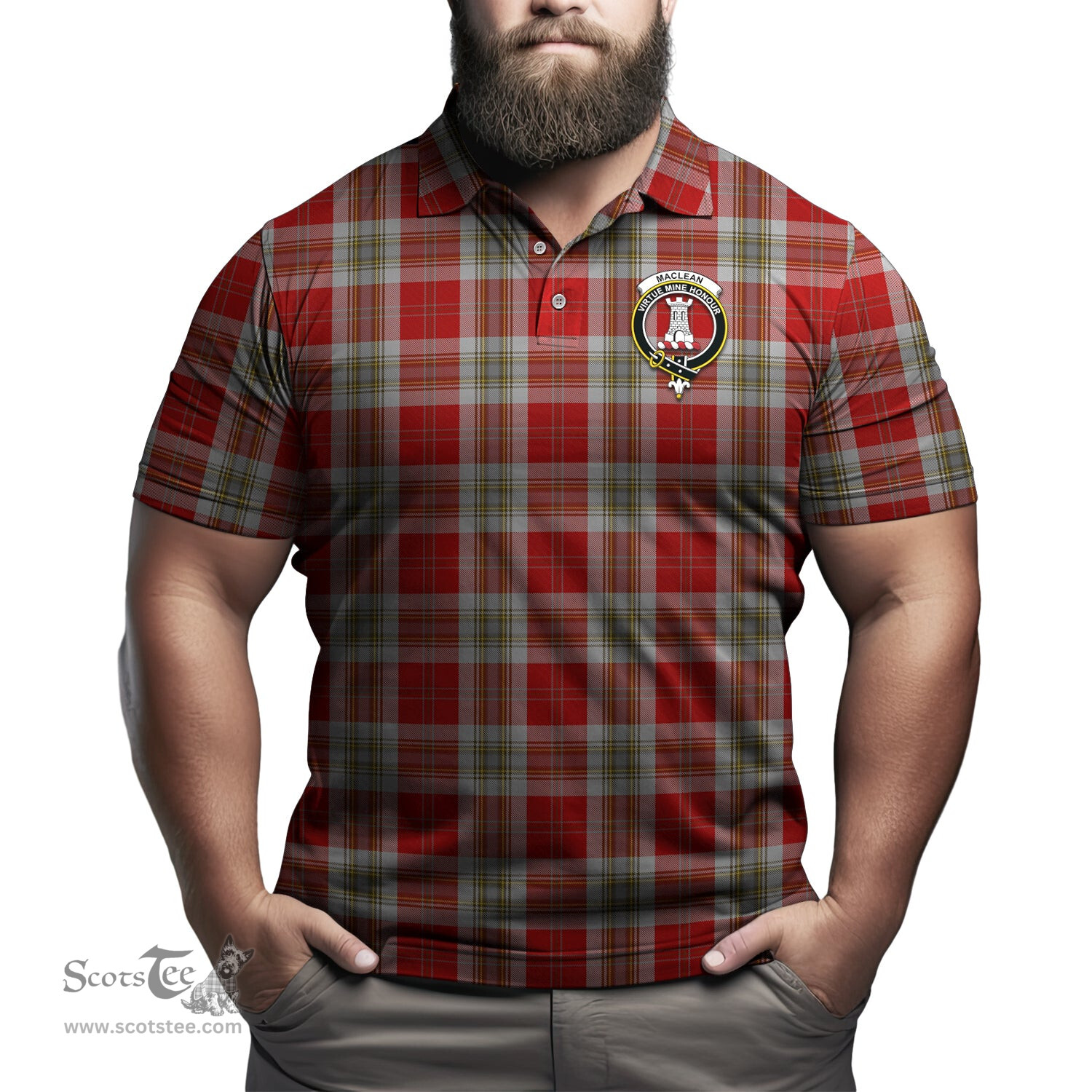 Scottish MacLean of Duart Dress Red Tartan Mens Polo Shirt with Family Crest Scottish Polo Shirt Scottish Plaid Tartan Plaid - ScotsTee - scotstee.com
