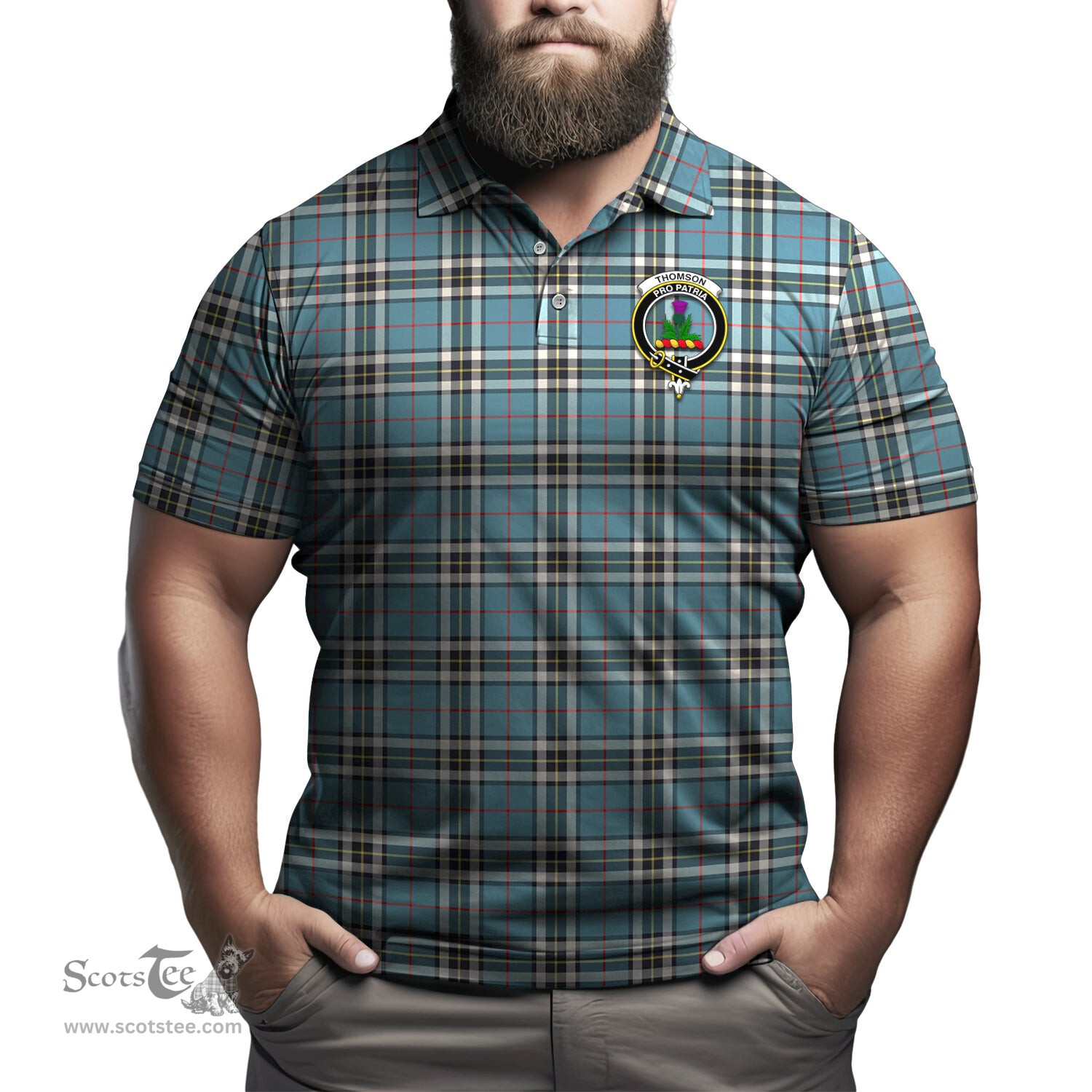 Scottish Thomson Tartan Mens Polo Shirt with Family Crest Scottish Polo Shirt Scottish Plaid Tartan Plaid - ScotsTee - scotstee.com