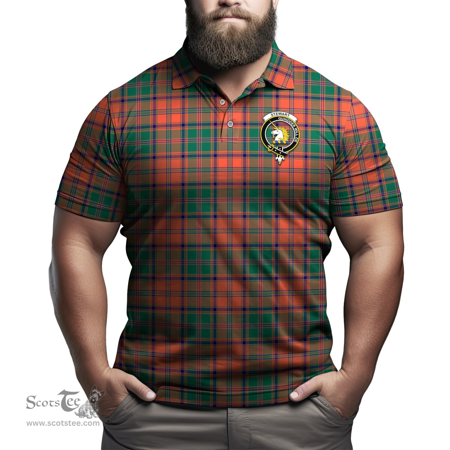 Scottish Stewart of Appin Ancient Tartan Mens Polo Shirt with Family Crest Scottish Polo Shirt Scottish Plaid Tartan Plaid - ScotsTee - scotstee.com